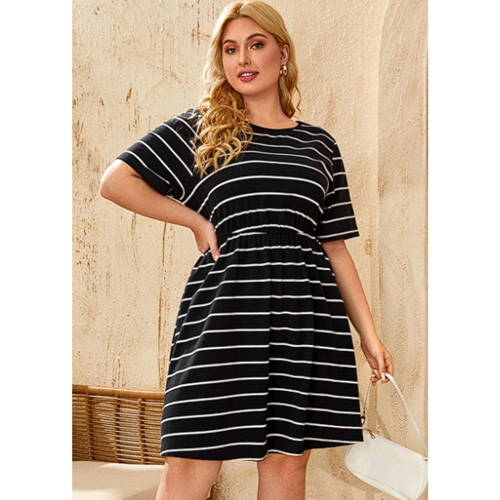 SHEIN Curve Navy Striped Elastic Waist Short Sleeve A-Line Dress Womans SZ 2XL